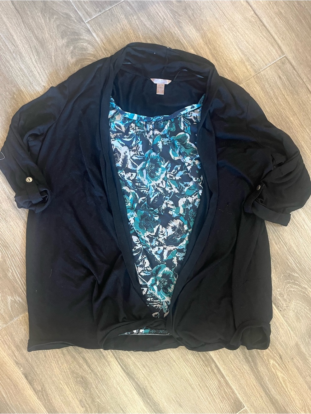 White Stag Black Open-Front Cardigan with Teal Floral Panel